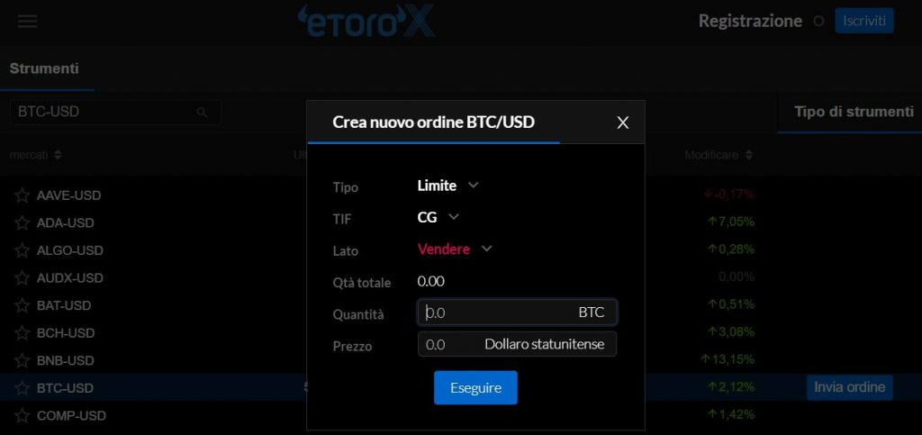 eToroX vendiendo Bitcoin
